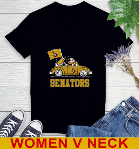 NHL Hockey Ottawa Senators Pluto Mickey Driving Disney Shirt Women's V-Neck T-Shirt 2