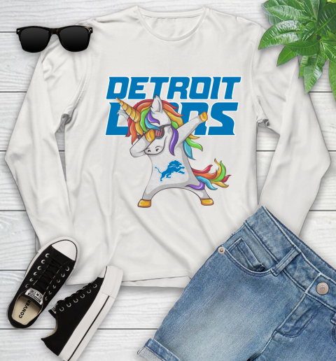 Detroit Lions NFL Football Funny Unicorn Dabbing Sports Youth Long Sleeve 12