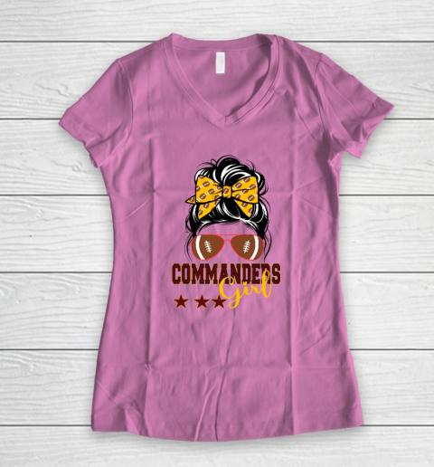 Retro Commanders Girl Messy Bun Sports Fan Team Matching Women's V-Neck T-Shirt 6