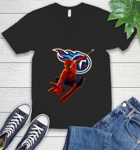 NFL Spider Man Avengers Endgame Football Tennessee Titans V-Neck T-Shirt 3 NFL Spider Man Avengers Endgame Football Tennessee Titans V-Neck T-Shirt - Image 3