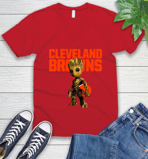 Cleveland Browns NFL Football Groot Marvel Guardians Of The Galaxy V-Neck T-Shirt 7