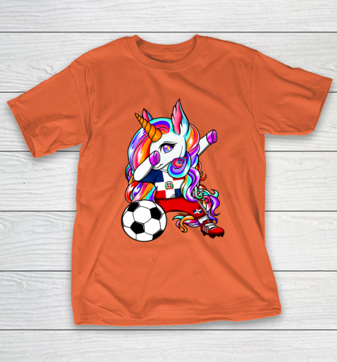 Dabbing Unicorn Dominican Republic Soccer Fans Flag Football T-Shirt 17