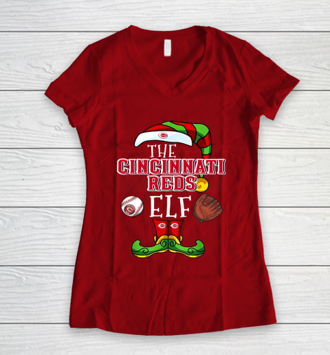 Cincinnati Reds Christmas ELF Funny MLB Women's V-Neck T-Shirt 8