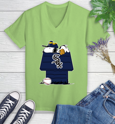 MLB Chicago White Sox Snoopy Woodstock The Peanuts Movie Baseball T Shirt Women's V-Neck T-Shirt 11