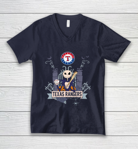 MLB Texas Rangers Baseball Jack Skellington Halloween V-Neck T-Shirt 2