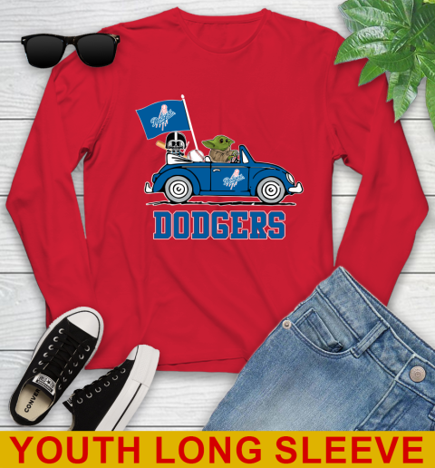 MLB Baseball Los Angeles Dodgers Darth Vader Baby Yoda Driving Star Wars Shirt Youth Long Sleeve - Image 12