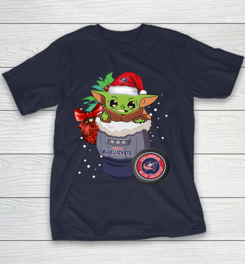 Columbus Blue Jackets Christmas Baby Yoda Star Wars Funny Happy NHL Youth T-Shirt 4