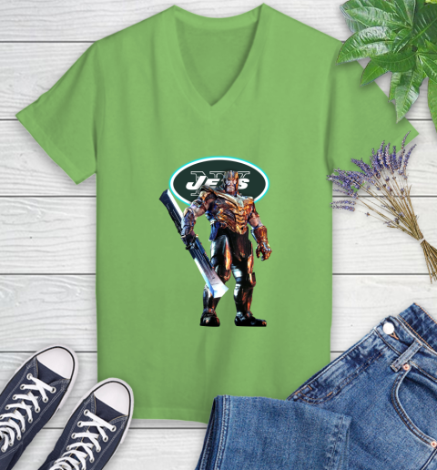 NFL Thanos Gauntlet Avengers Endgame Football New York Jets Women's V-Neck T-Shirt 11
