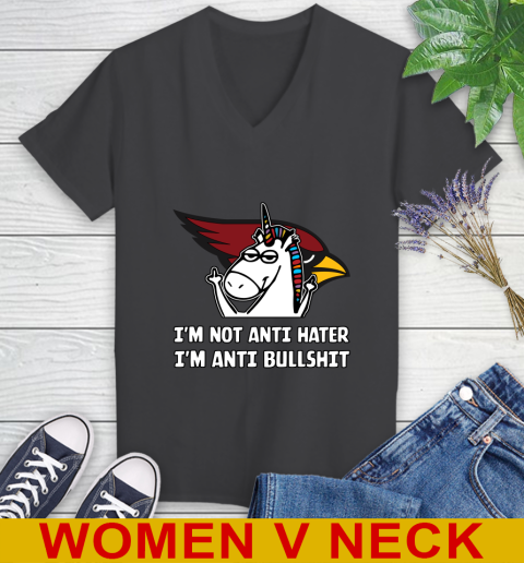 Arizona Cardinals NFL Football Unicorn I'm Not Anti Hater I'm Anti Bullshit Women's V-Neck T-Shirt 9