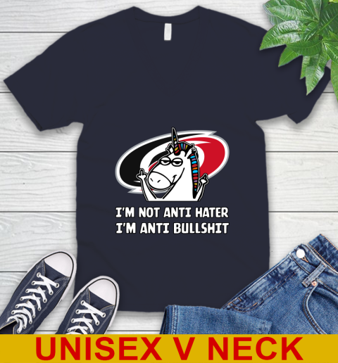 Carolina Hurricanes NHL Hockey Unicorn I'm Not Anti Hater I'm Anti Bullshit V-Neck T-Shirt 3