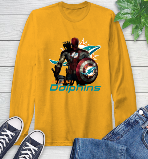 NFL Captain America Thor Spider Man Hawkeye Avengers Endgame Football Miami Dolphins Long Sleeve T-Shirt 3