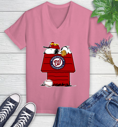 MLB Washington Nationals Snoopy Woodstock The Peanuts Movie Baseball T Shirt_000 Women's V-Neck T-Shirt 13
