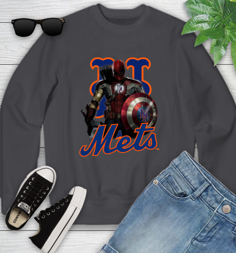 MLB Captain America Thor Spider Man Hawkeye Avengers Endgame Baseball New York Mets Youth Sweatshirt 6