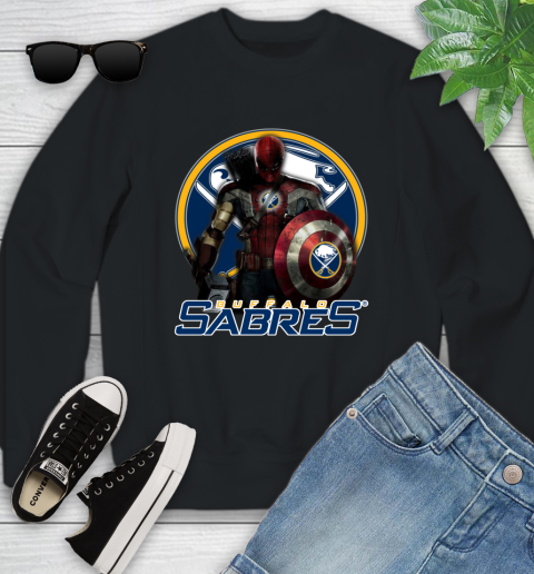 NHL Captain America Thor Spider Man Hawkeye Avengers Endgame Hockey Buffalo Sabres Youth Sweatshirt 2
