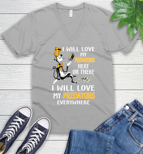 NHL Hockey Nashville Predators I Will Love My Predators Everywhere Dr Seuss Shirt V-Neck T-Shirt 3