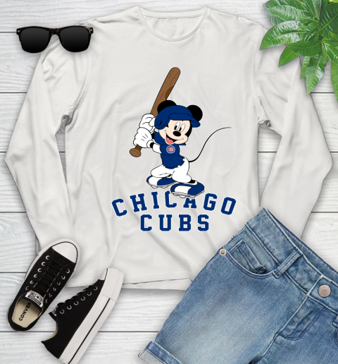 MLB Baseball Chicago Cubs Cheerful Mickey Mouse Shirt Youth Long Sleeve 12