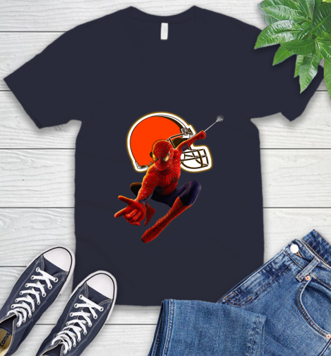NFL Spider Man Avengers Endgame Football Cleveland Browns V-Neck T-Shirt 3