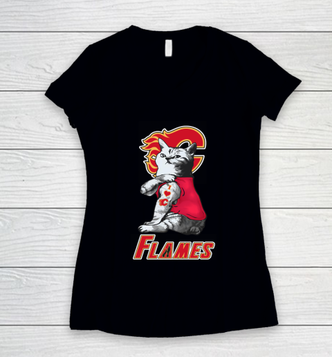 NHL My Cat Loves Calgary Flames Hockey Women's V-Neck T-Shirt