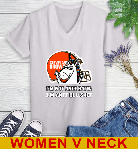 Cleveland Browns NFL Football Unicorn I'm Not Anti Hater I'm Anti Bullshit Women's V-Neck T-Shirt