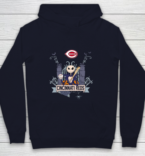 MLB Cincinnati Reds Baseball Jack Skellington Halloween Youth Hoodie 2