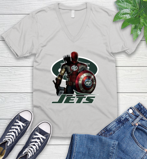 NFL Captain America Thor Spider Man Hawkeye Avengers Endgame Football New York Jets V-Neck T-Shirt