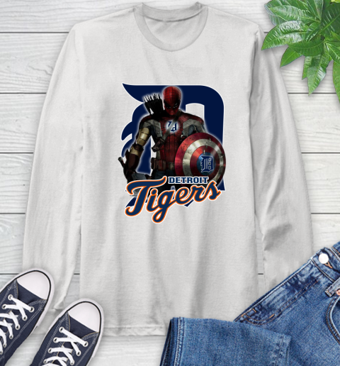 MLB Captain America Thor Spider Man Hawkeye Avengers Endgame Baseball Detroit Tigers Long Sleeve T-Shirt