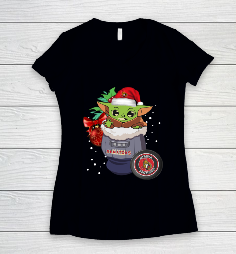 Ottawa Senators Christmas Baby Yoda Star Wars Funny Happy NHL Women's V-Neck T-Shirt
