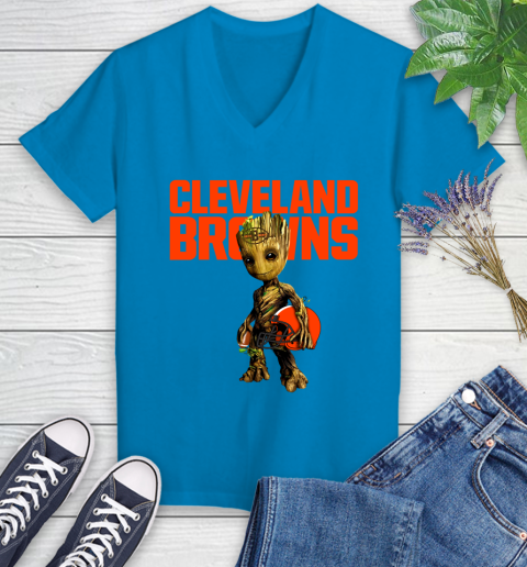 Cleveland Browns NFL Football Groot Marvel Guardians Of The Galaxy Women's V-Neck T-Shirt 7