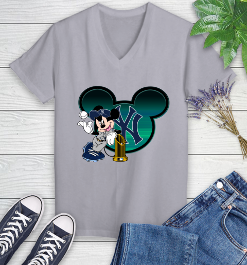 MLB New York Yankees The Commissioner's Trophy Mickey Mouse Disney Women's V-Neck T-Shirt 4