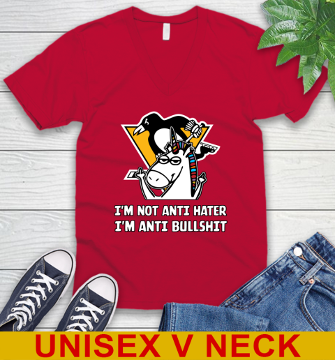 Pittsburgh Penguins NHL Hockey Unicorn I'm Not Anti Hater I'm Anti Bullshit V-Neck T-Shirt 7