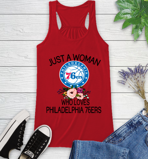NBA Just A Woman Who Loves Philadelphia 76ers Basketball Sports Racerback Tank 4