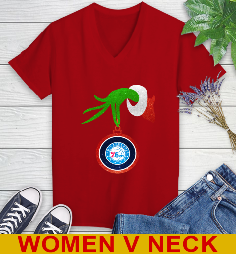 Philadelphia 76ers Grinch Merry Christmas NBA Basketball Women's V-Neck T-Shirt 12