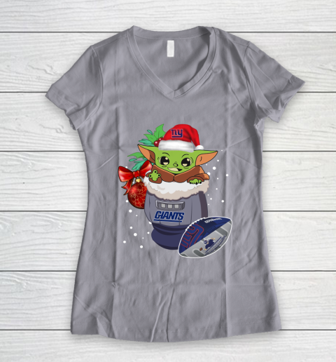 New York Giants Christmas Baby Yoda Star Wars Funny Happy NFL Women's V-Neck T-Shirt 4