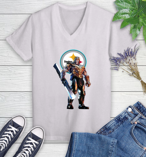 NFL Thanos Gauntlet Avengers Endgame Football Pittsburgh Steelers Women's V-Neck T-Shirt