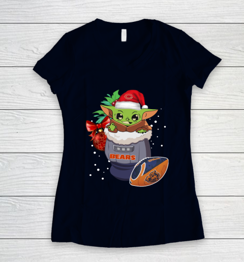 Chicago Bears Christmas Baby Yoda Star Wars Funny Happy NFL Women's V-Neck T-Shirt 3