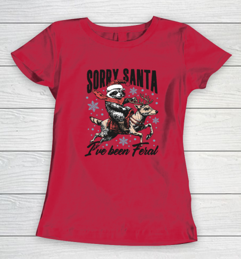 Vintage Sorry Santa I've Been Feral Raccoon Riding Horse Christmas Women's T-Shirt 6