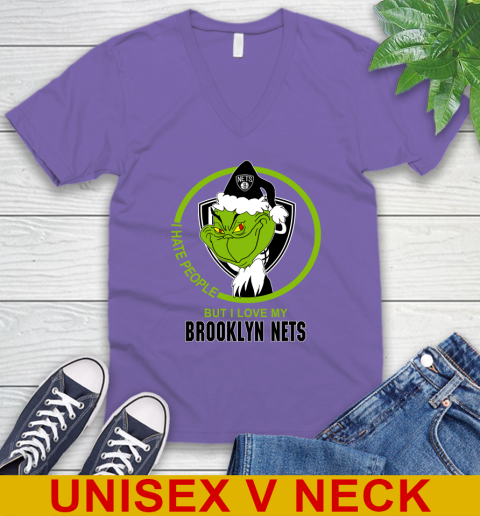 Brooklyn Nets NBA Christmas Grinch I Hate People But I Love My Favorite Basketball Team V-Neck T-Shirt 9