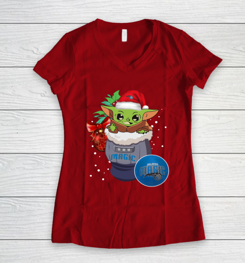 Orlando Magic Christmas Baby Yoda Star Wars Funny Happy NBA Women's V-Neck T-Shirt 10