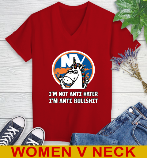 New York Islanders NHL Hockey Unicorn I'm Not Anti Hater I'm Anti Bullshit Women's V-Neck T-Shirt 12