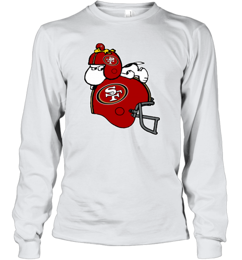 mq4p snoopy and woodstock resting on san francisco 49ers helmet youth long sleeve 50 front white