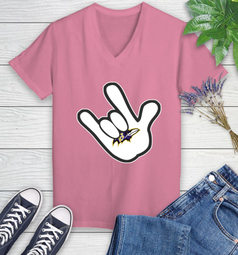 Baltimore Ravens NFL Football Mickey Rock Hand Disney Women's V-Neck T-Shirt 13