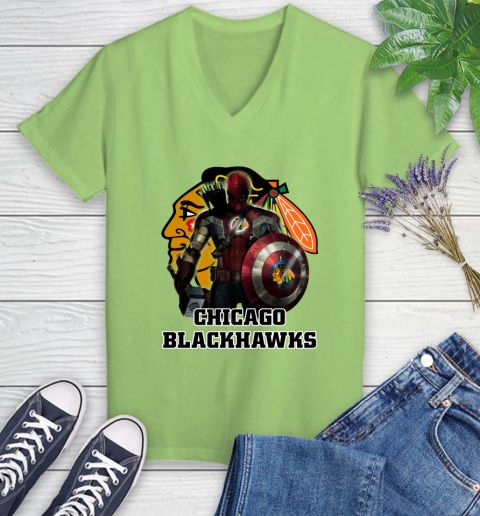 NHL Captain America Thor Spider Man Hawkeye Avengers Endgame Hockey Chicago Blackhawks Women's V-Neck T-Shirt 11