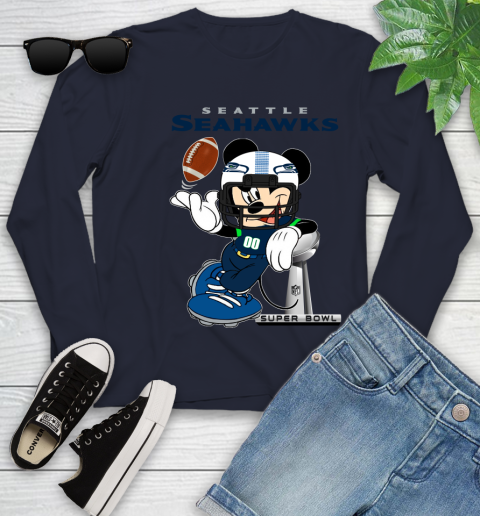 NFL Seattle Seahawks Mickey Mouse Disney Super Bowl Football T Shirt Youth Long Sleeve 15