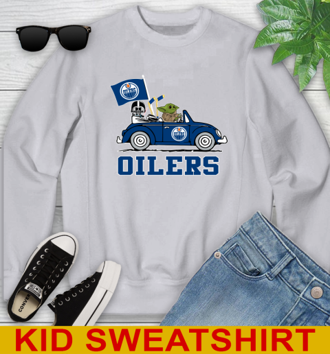 NHL Hockey Edmonton Oilers Darth Vader Baby Yoda Driving Star Wars Shirt Youth Sweatshirt 4