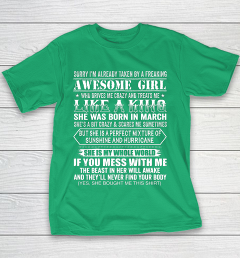Sorry I m Already Taken by a Freaking Awesome Girl March Birthday Youth T-Shirt 3
