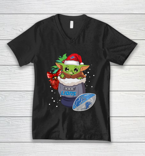 Detroit Lions Christmas Baby Yoda Star Wars Funny Happy NFL V-Neck T-Shirt