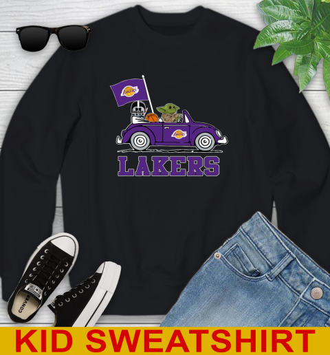 NBA Basketball Los Angeles Lakers Darth Vader Baby Yoda Driving Star Wars Shirt Youth Sweatshirt 2
