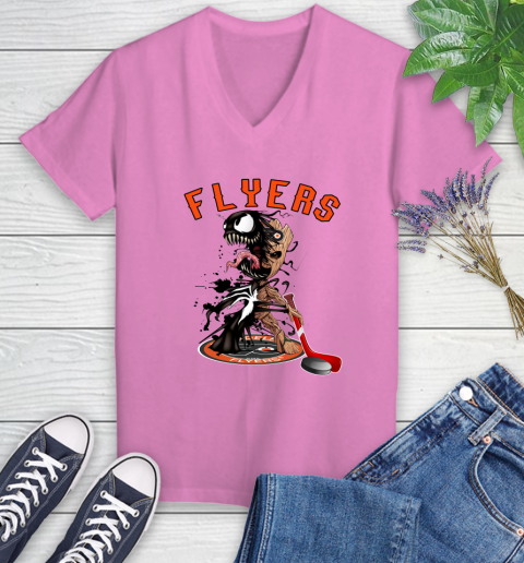 NHL Philadelphia Flyers Hockey Venom Groot Guardians Of The Galaxy Women's V-Neck T-Shirt 14