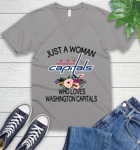 NHL Just A Woman Who Loves Washington Capitals Hockey Sports V-Neck T-Shirt 2