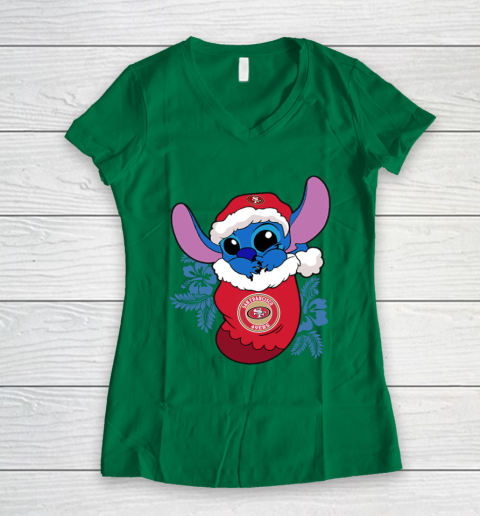 San Francisco 49ers Christmas Stitch In The Sock Funny Disney NFL Women's V-Neck T-Shirt 5